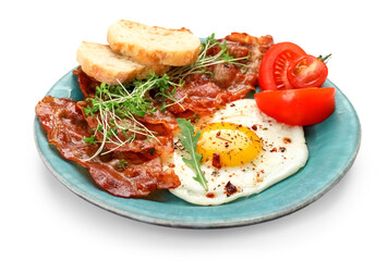 Fototapeta na wymiar Plate of tasty fried egg and bacon on white background