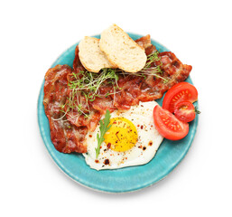 Plate of tasty fried egg and bacon on white background