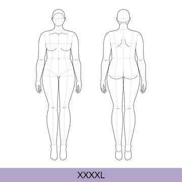 Set of XXXXL Women Fashion template 9 nine head size Croquis plus size with main lines Lady model Curvy body figure front back view. Vector outline girl for Design, Illustration, technical drawing