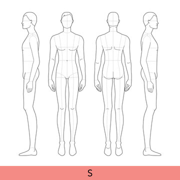Set of S size Men Fashion template 9 nine head small size Croquis with main lines Gentlemen model skinny body figure front, side, back view. Vector outline sketch boy for Fashion Design, Illustration