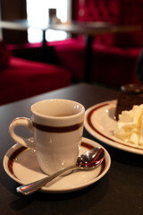 Small cup of black espresso coffee served in traditional cafe in Vienna with red interieur, Austria