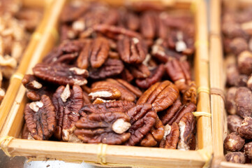 Roasted peeled pecan nuts, tasty healthy vegetarian food