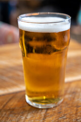 Fresh draught lager beer is glass served in indoor cafe
