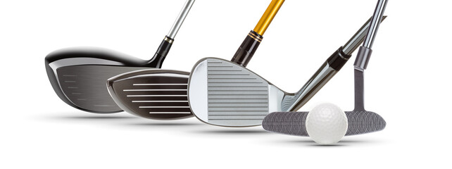 Transparent PNG of Golf Clubs Driver Woods, Iron Wedge, Putter and Golf Ball