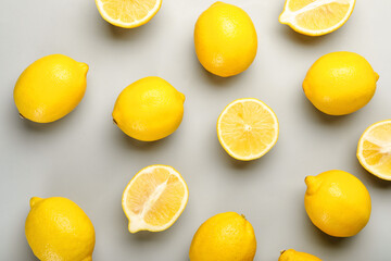 Whole and cut lemons on grey background