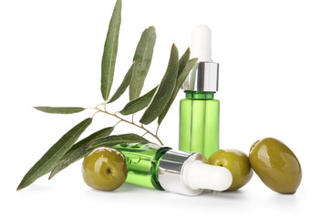 Bottles of essential olive oil on white background