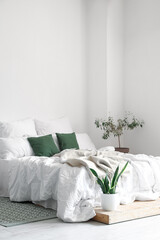 Fototapeta na wymiar Interior of light room with big bed and houseplants