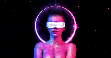 Hot girl DJ in neon lights with glasses and headphones. Beautyful woman in violet paint on her face...
