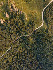 Top down aerial drone view of the road in mountain range trough the trees and forest wild travel rural vacation and nature concept background