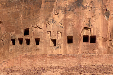 Close up of tombs at archaeological site of ancient Lihyanite kingdom Dadan in Al-Ula Saudi Arabia