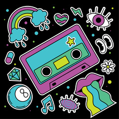Colored group of groovy emotes and icons Retro cassette Vector