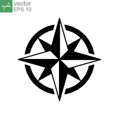Compass wind rose vector icon solid with North, South, East and West indicated. nautical Direction and navigation for geography exploration. Vector illustration. Design on white background. EPS 10
