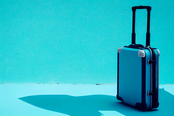 Travel and vacation concept with blue suitcase against blue wall. Modern Blue Suitcase with Wheels and Handle