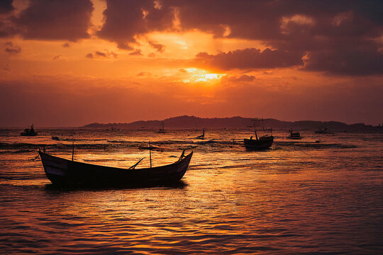 Beautiful bright sunset over the water with old wooden boats