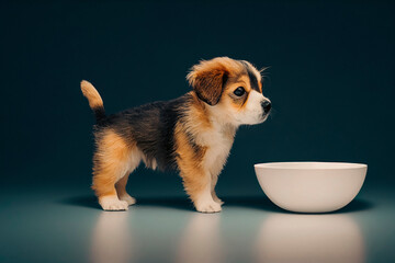 Cute puppy standing by a big white bowl waiting for a command