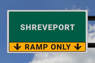 Shreveport logo. Shreveport lettering on a road sign. Signpost at entrance to Shreveport, USA. Green pointer in American style. Road sign in the United States of America. Sky in background