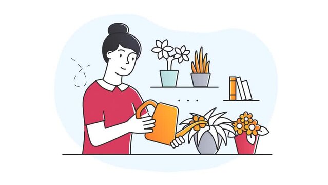 Caring for indoor plants video concept. Moving young woman watering beautiful potted flowers. Hobbies, gardening or housework. Organic home decoration. Flat graphic animated cartoon in doodle style