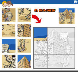 jigsaw puzzle task with cartoon mummies on Halloween