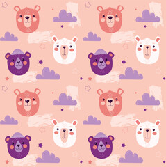 Seamless pattern with cute bears. Pink repeat template with polar bear or wild animal muzzles, strokes and purple clouds. Design element for printing on fabric. Cartoon flat vector illustration