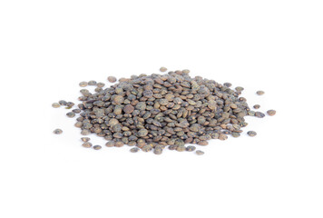 French Dark Green or Puy Lentils in a Heap or Pile in Point of View Shot Isolated on White