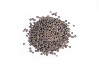 French or Puy Lentils in a Heap or Pile Isolated on White in a Top Down or Flat Lay View