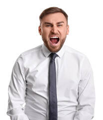 Portrait of emotional businessman on white background. Personality concept