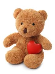 Cute teddy bear with red heart isolated on white. Valentine's day celebration