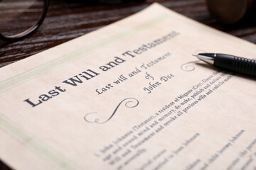Last will and testament with pen on wooden table, closeup