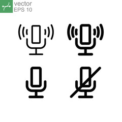 Obraz na płótnie Canvas Microphone in trendy style. Record, recording Studio Symbol. Retro standing mic in mute and unmute, speaker close up for podcast equipment . Vector illustration. Design on white background. EPS 10