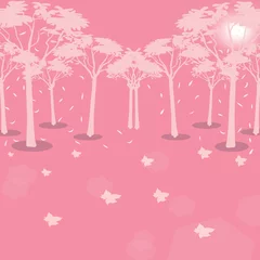 Fotobehang Fluor Roze illustrated background trees with pink landscape and street leaves  © Angelica