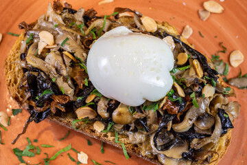 Typical colombian food, mushroom tostada with egg