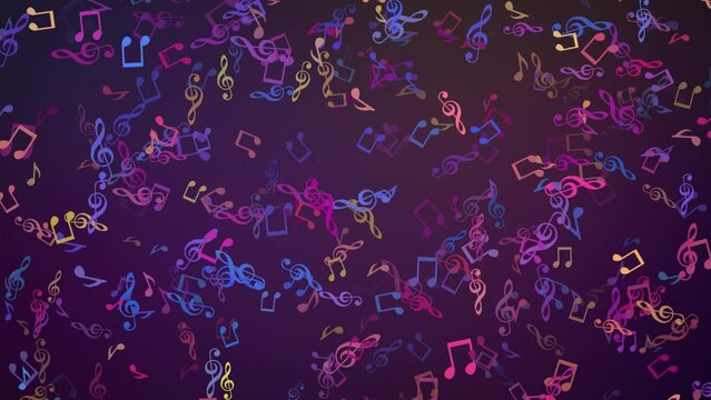This stock motion graphics video shows colorful musical notes and symbols flying in a seamless loop.