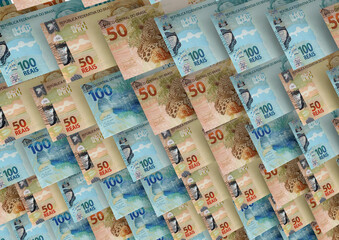 Official Money of Brazil, Real Currency. Money, reais, hundred reais and fifty reais bills in close-up.