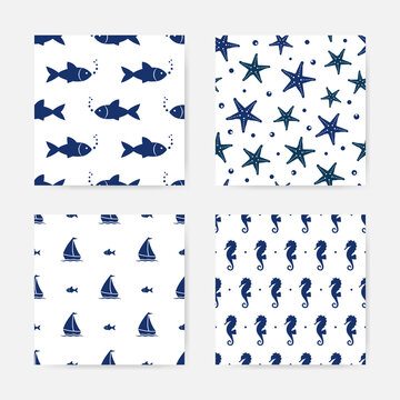 Nautical seamless patterns set. Fish, seahorse, starfish, boat elements. Blue oceanic seamless backgrounds.