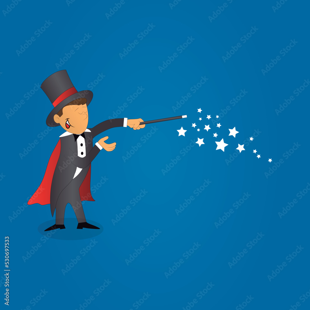 Wall mural Magician in a cloak and hat. Vector illustration on a blue background