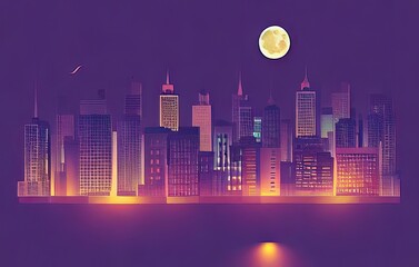 City skyline with skyscraper cityscape at night with moon, buildings and urban cityscape town skyline. Simple low poly style design