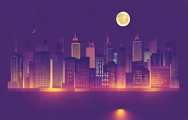 Wall murals Violet City skyline with skyscraper cityscape at night with moon, buildings and urban cityscape town skyline. Simple low poly style design