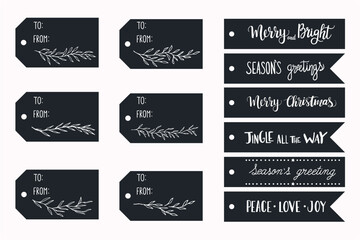 Obraz premium Set christmas gift tags set with hand drawn doodles leafs and lettering. Vector hand drawn illustration 
