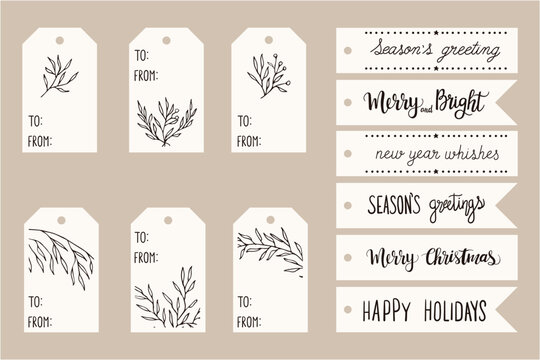 Set christmas  gift tags set with hand drawn doodles leafs and lettering. Vector hand drawn illustration 
