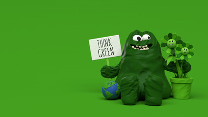 Cute Think Green clay character on 8k green background with flowers and copy space. 3D illustration render.
