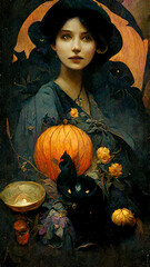 Halloween painting of a beautiful woman with pumpkin in foreground