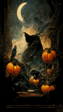 Halloween painting of abstract dark figure with pumpkins, crescent moon, and harvest elements