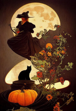 Halloween painting of a a flying witch woman in front of moon with black cat, pumpkin, and florals