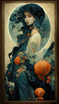 Halloween painting of a beautiful woman with pumpkins