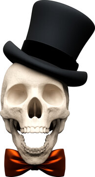 Stylish, laughing or screaming, Halloween skull with top hat and bow tie isolated on transparent background. 3D illustration render.
