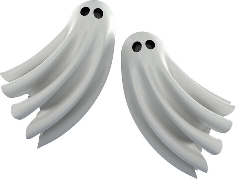 Pair of floating Halloween ghosts, on transparent background. 3D illustration render.
