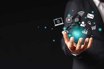 Businessman with notification social multimedia icons internet connection application digital network marketing online communication.