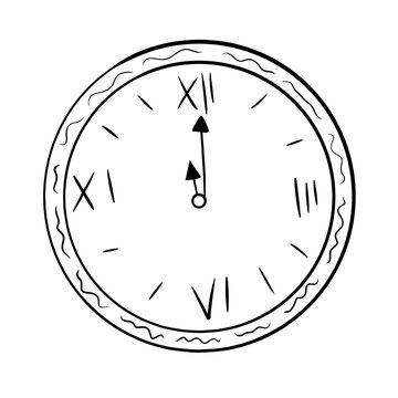 Clock, new year's eve, black and white illustration