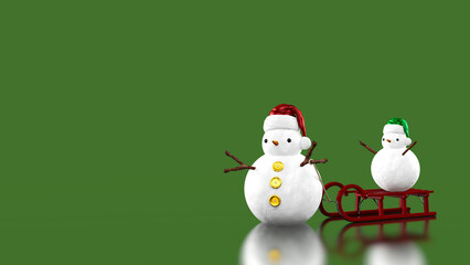 Two cute snowmen and sled for Christmas and winter isolated on shiny green background with copy space. 3D illustration render in 8k.

