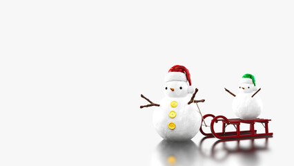 Two cute snowmen and sled for Christmas and winter isolated on shiny white background with copy space. 3D illustration render in 8k.
